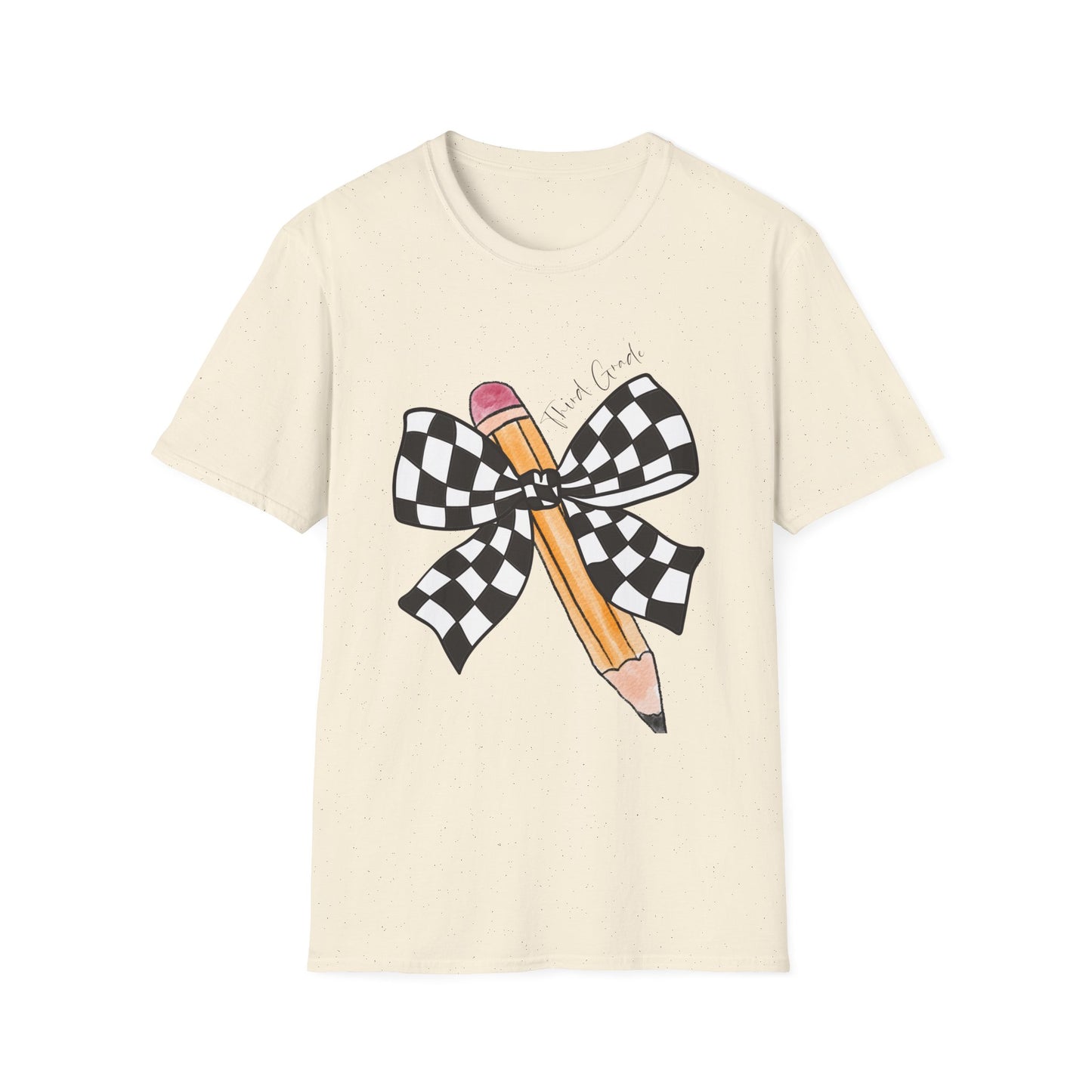 3rd Grade- Checkered Bow + Pencil- Teacher Tee- Softstyle Unisex Tee