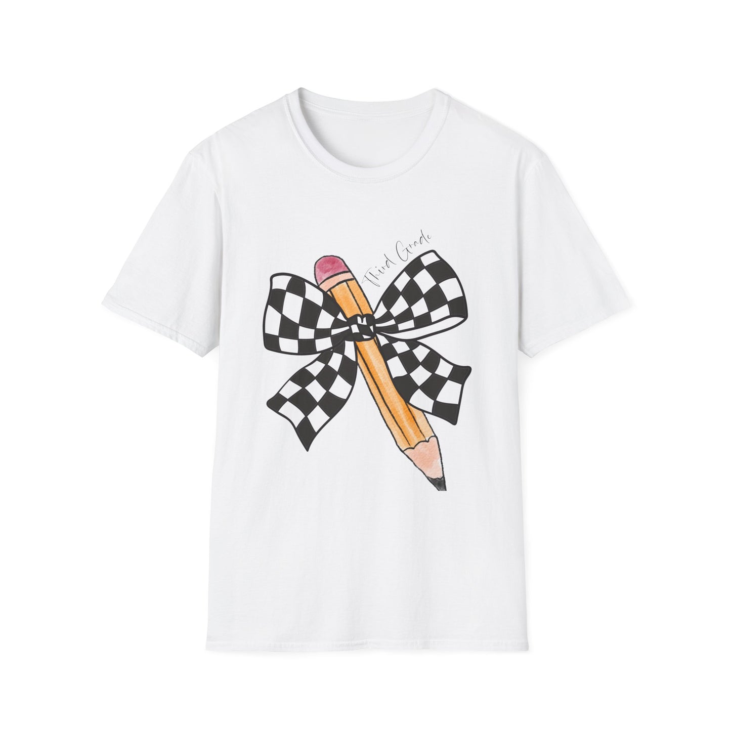 3rd Grade- Checkered Bow + Pencil- Teacher Tee- Softstyle Unisex Tee