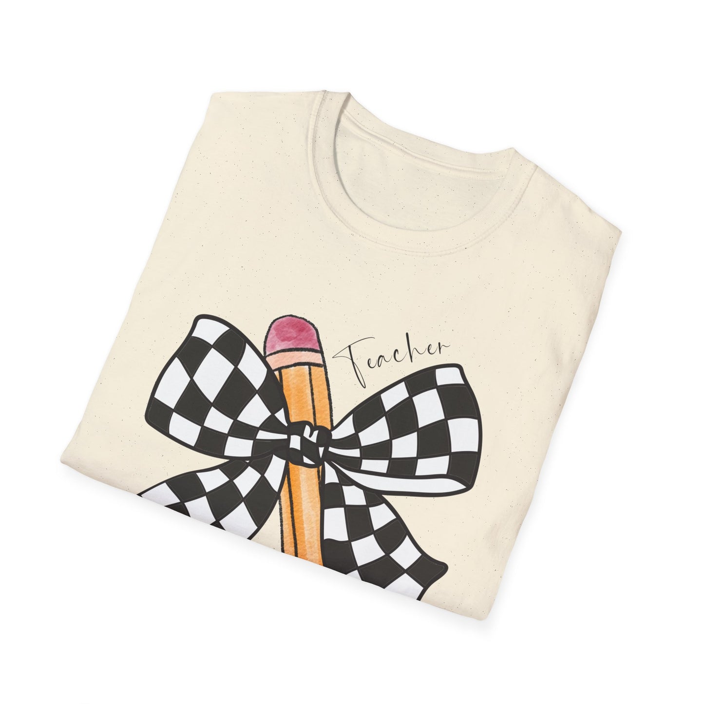 Checkered Bow + Pencil- Teacher Tee- Softstyle Unisex Tee