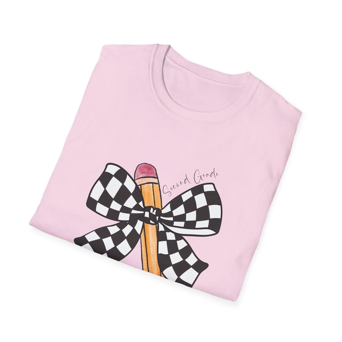 2nd Grade- Checkered Bow + Pencil- Teacher Tee- Softstyle Unisex Tee