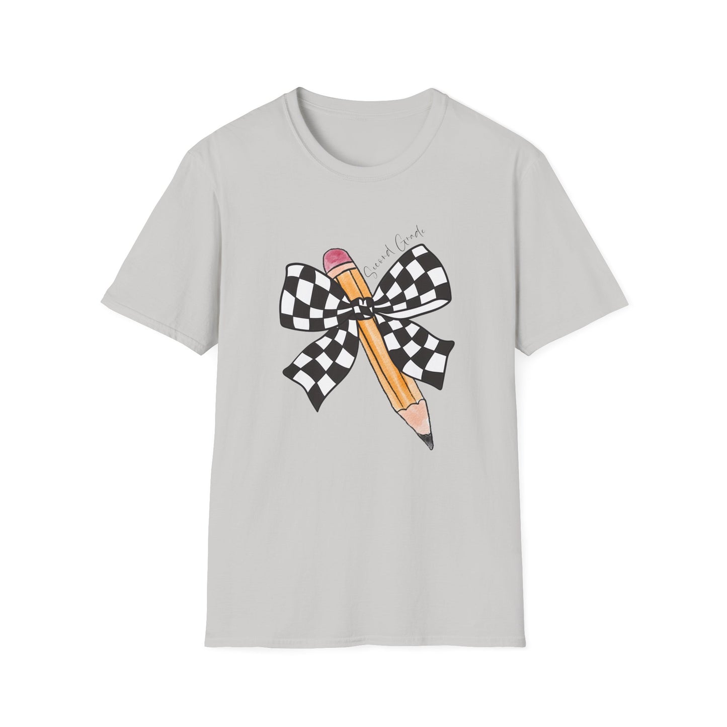 2nd Grade- Checkered Bow + Pencil- Teacher Tee- Softstyle Unisex Tee