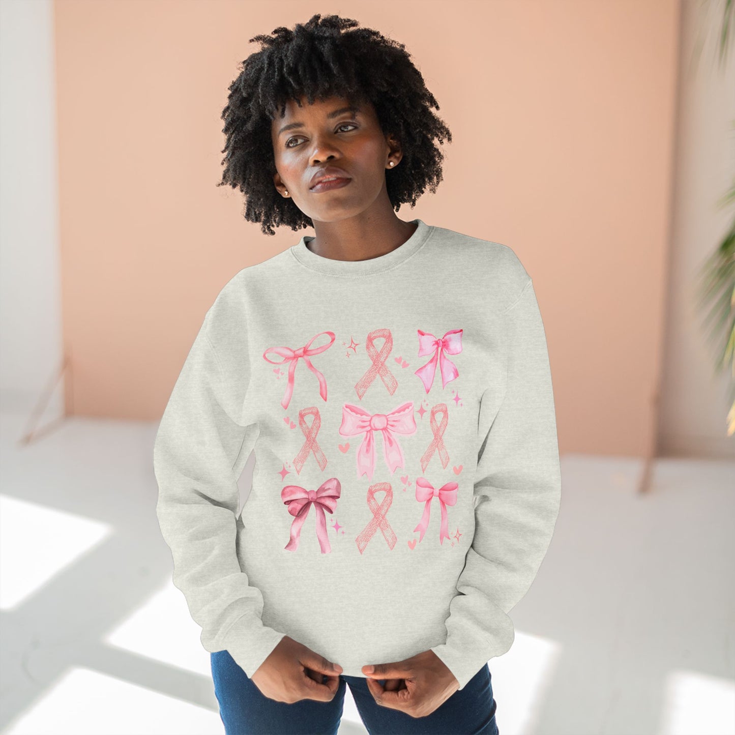 Breast Cancer Ribbon and Bows- Awareness Unisex Crewneck Sweatshirt