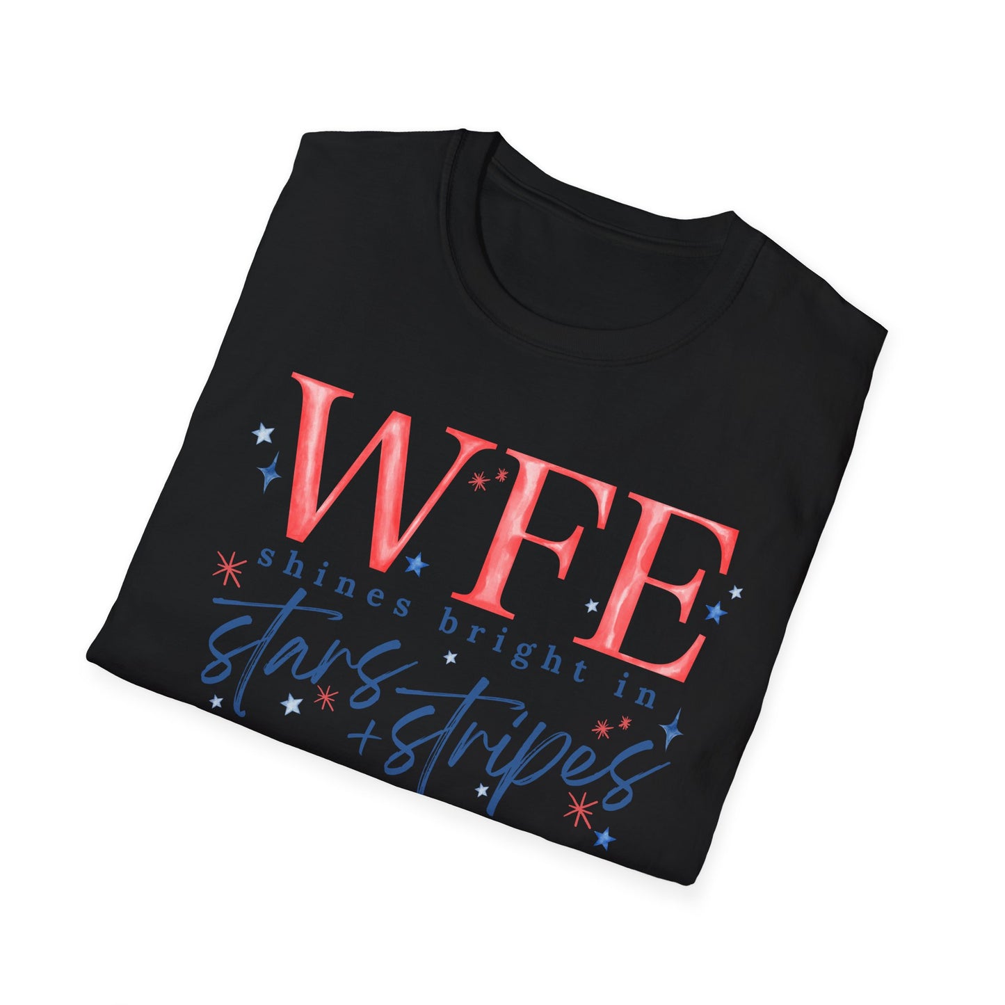 Flag Day Unisex Softstyle T-Shirt with WFE Shines Bright in Stars + Stripes Design- Holiday