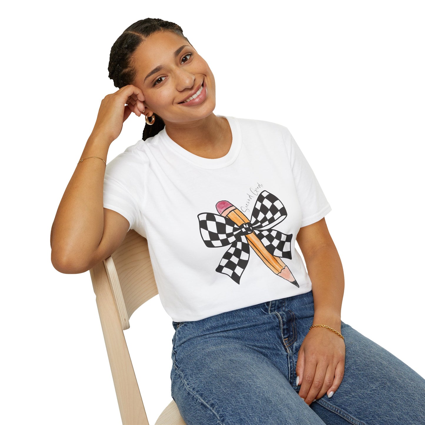 2nd Grade- Checkered Bow + Pencil- Teacher Tee- Softstyle Unisex Tee