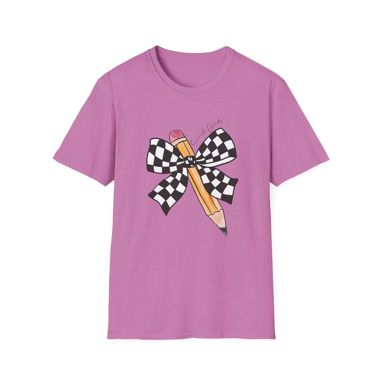 2nd Grade- Checkered Bow + Pencil- Teacher Tee- Softstyle Unisex Tee