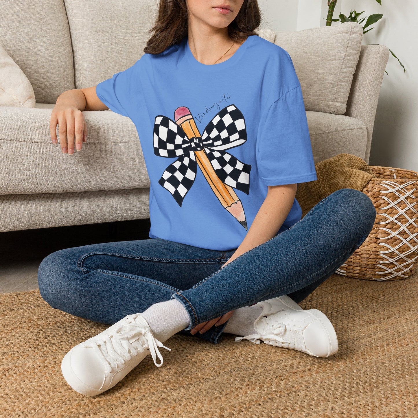 Kindergarten- Pencil & Checker Bow T‑Shirt — Teacher Collection