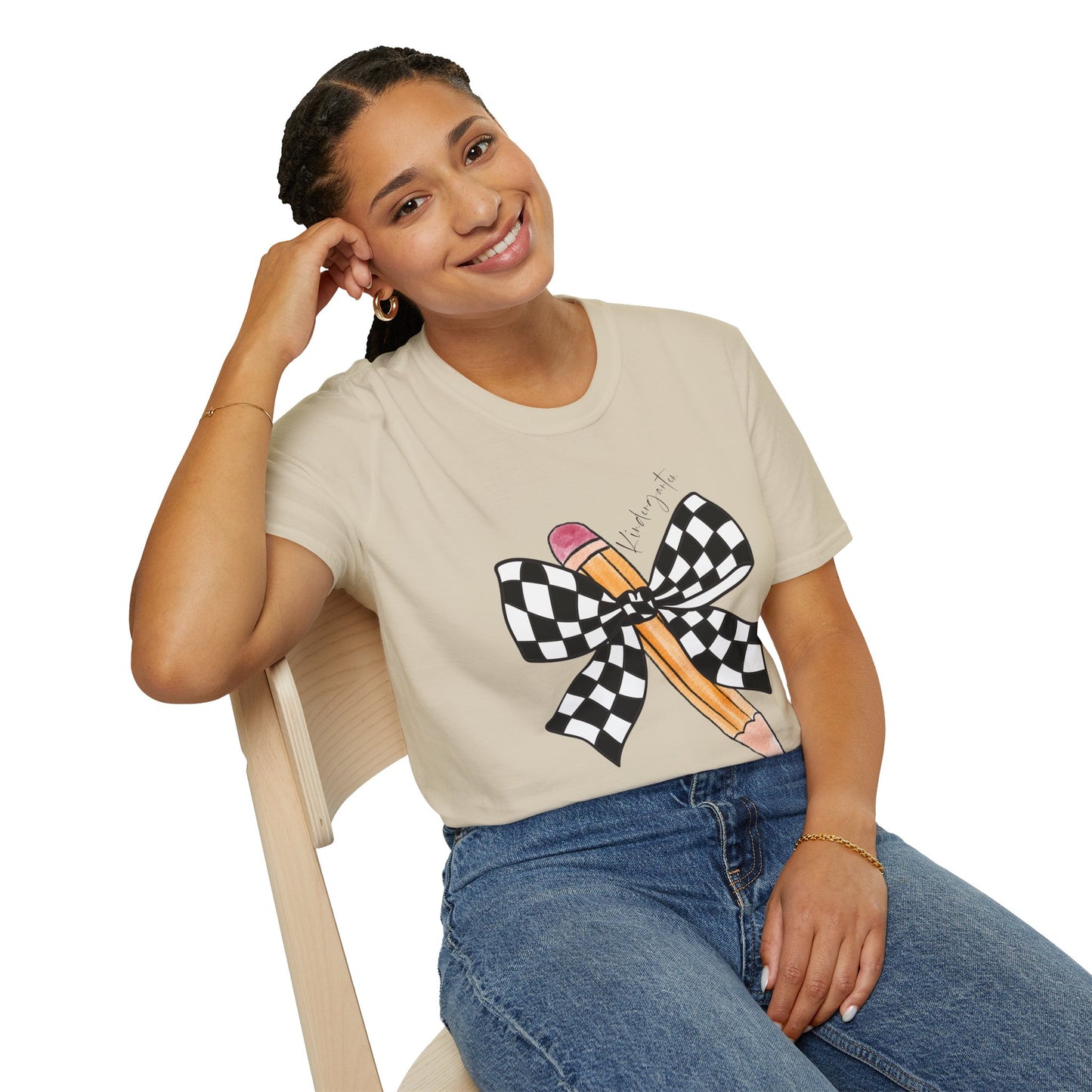 Kindergarten-Checkered Bow + Pencil- Teacher Tee- Softstyle Unisex Tee