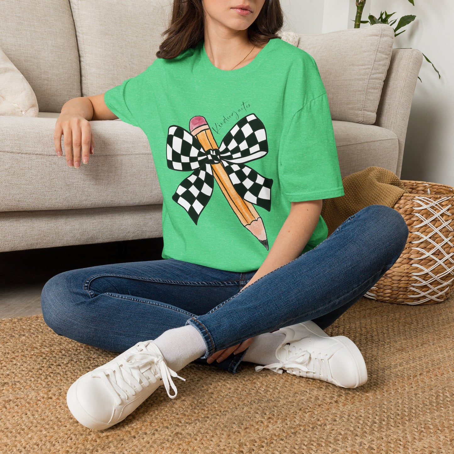 Kindergarten- Pencil & Checker Bow T‑Shirt — Teacher Collection