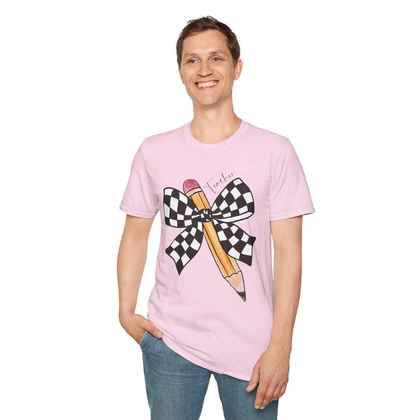 Checkered Bow + Pencil- Teacher Tee- Softstyle Unisex Tee