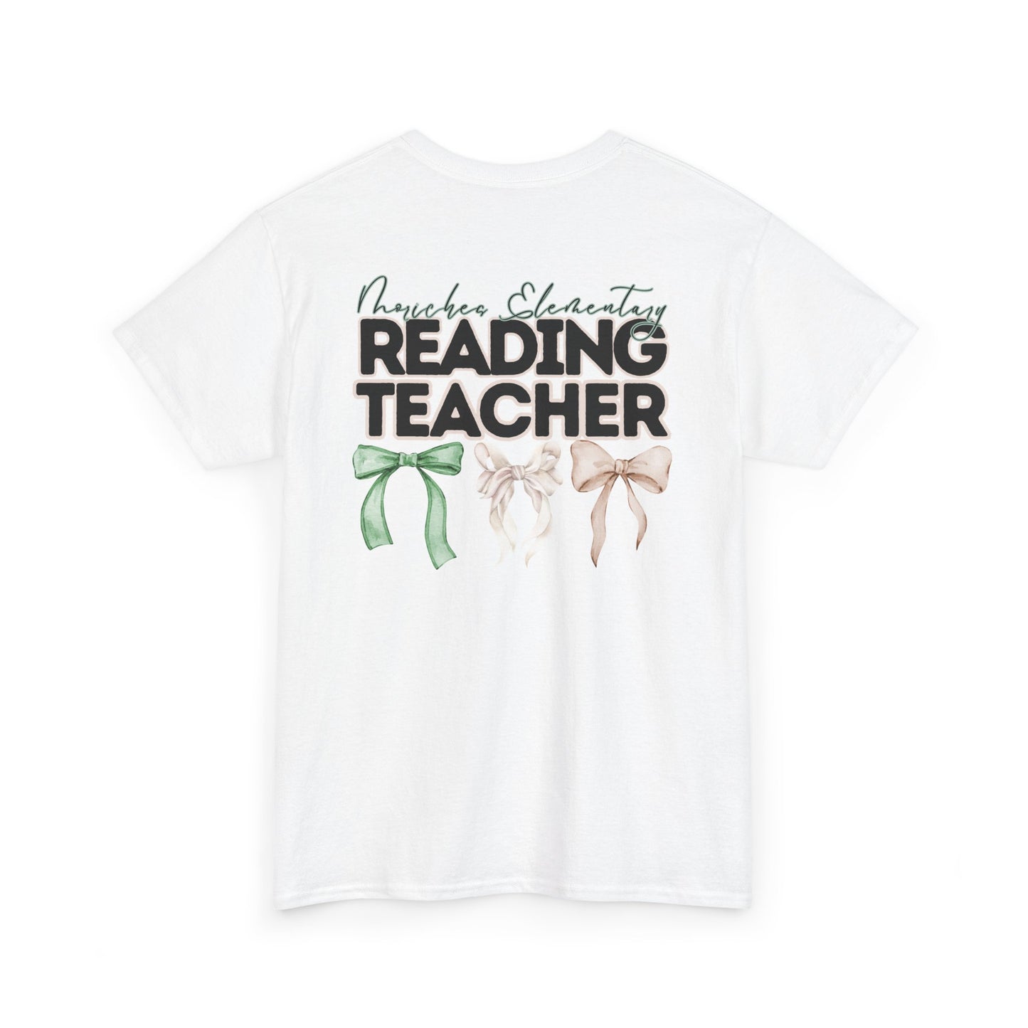 Moriches Reading Teacher and Bows- Unisex Heavy Cotton Tee with Bow Design