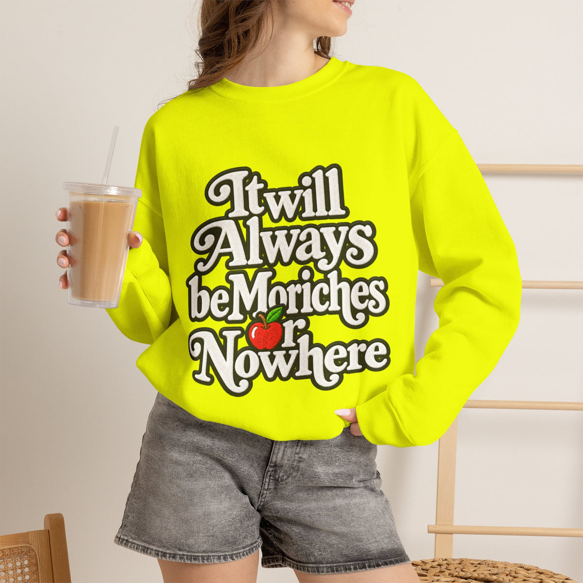 "Moriches or Nowhere" w/ apple- LARGE FRONT Crewneck Sweatshirt