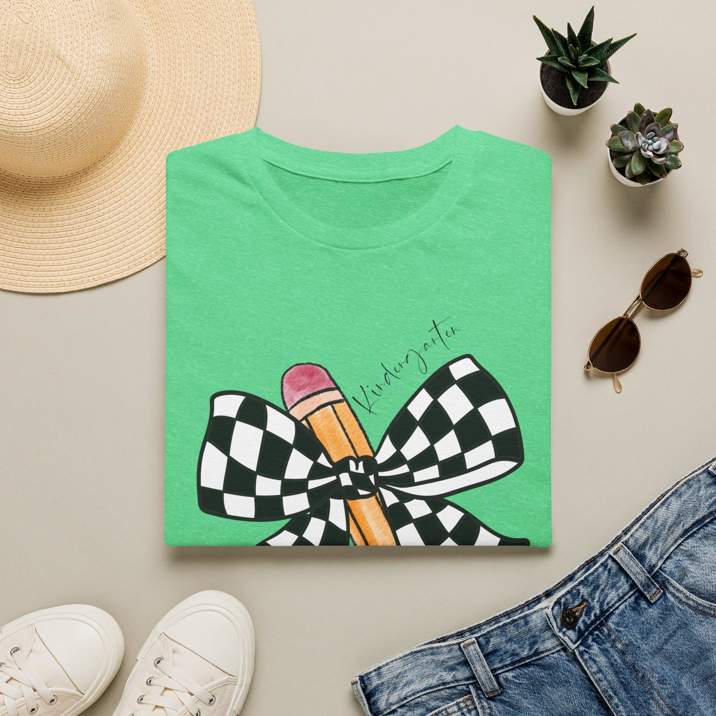 Kindergarten- Pencil & Checker Bow T‑Shirt — Teacher Collection