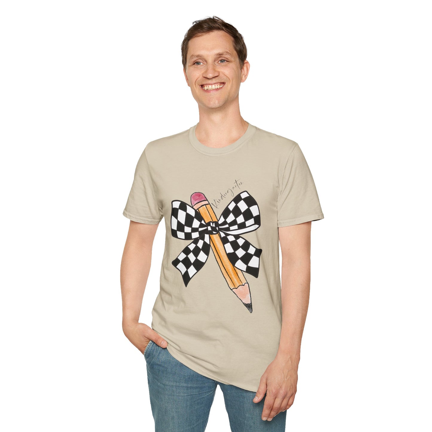 Kindergarten-Checkered Bow + Pencil- Teacher Tee- Softstyle Unisex Tee