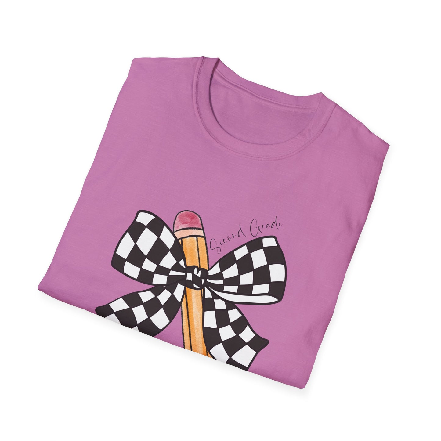 2nd Grade- Checkered Bow + Pencil- Teacher Tee- Softstyle Unisex Tee