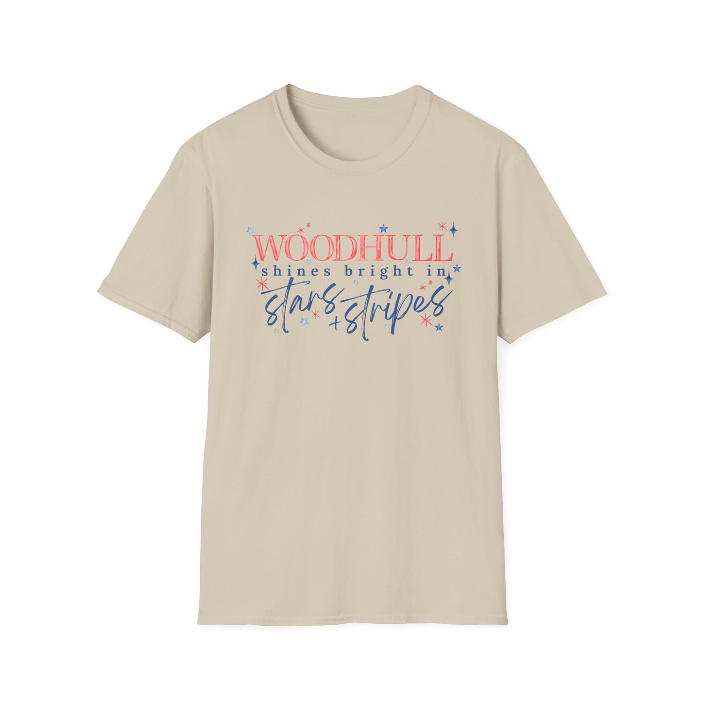 Flag Day Unisex Softstyle T-Shirt with Woodhull Shines Bright in Stars + Stripes Design- Holiday
