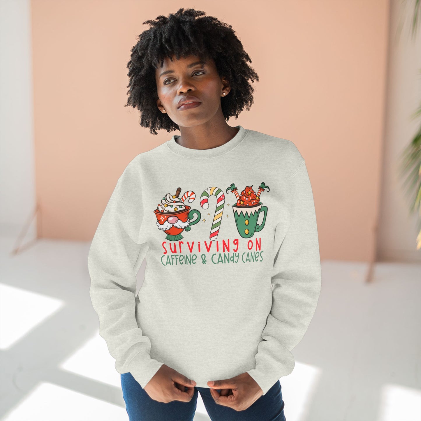 Surviving on Caffeine and Candy Canes -Unisex Crewneck Sweatshirt- Christmas
