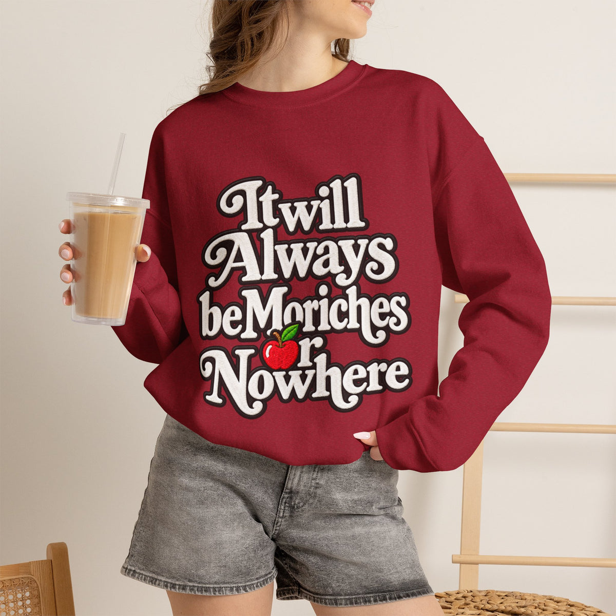 "Moriches or Nowhere" w/ apple- LARGE FRONT Crewneck Sweatshirt