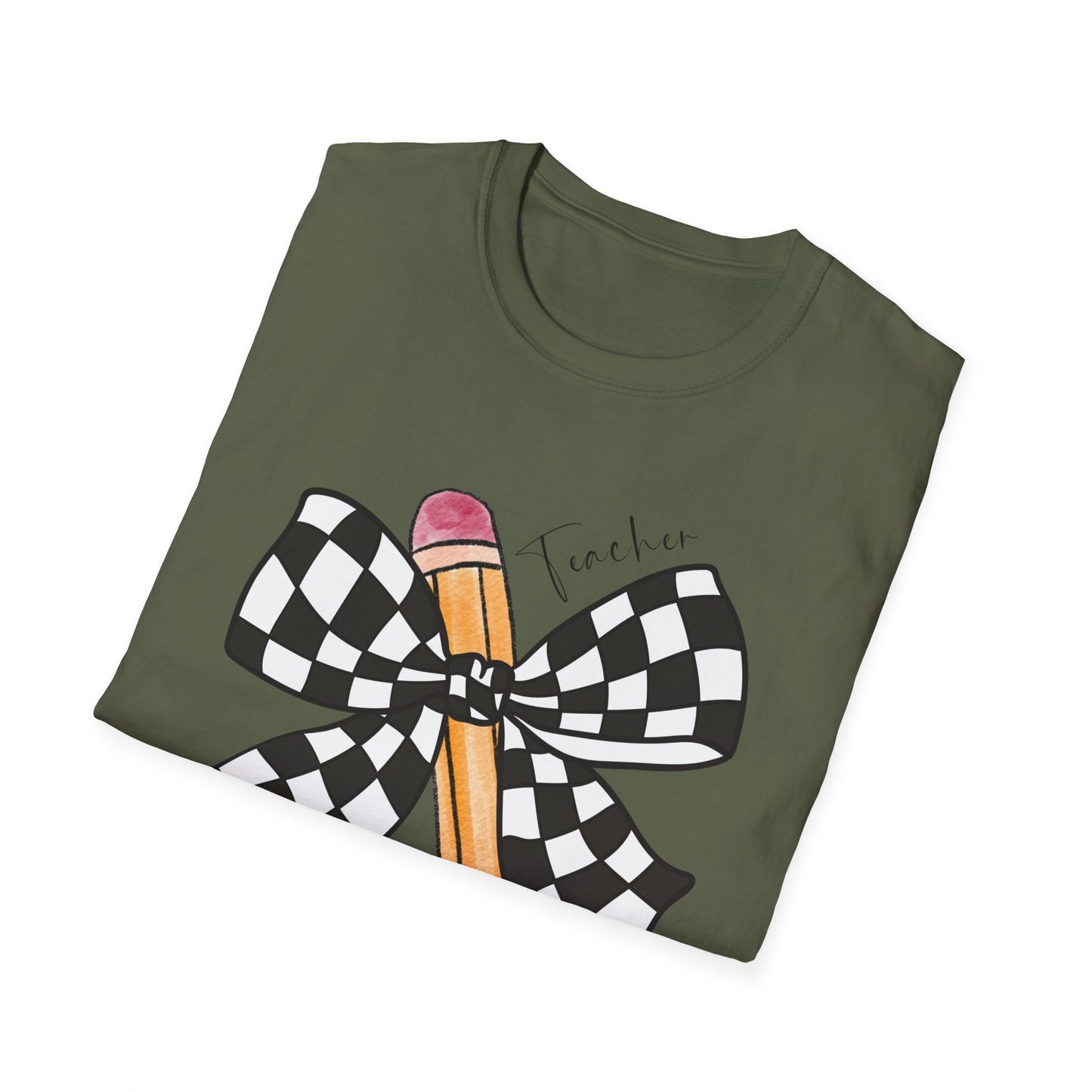 Checkered Bow + Pencil- Teacher Tee- Softstyle Unisex Tee
