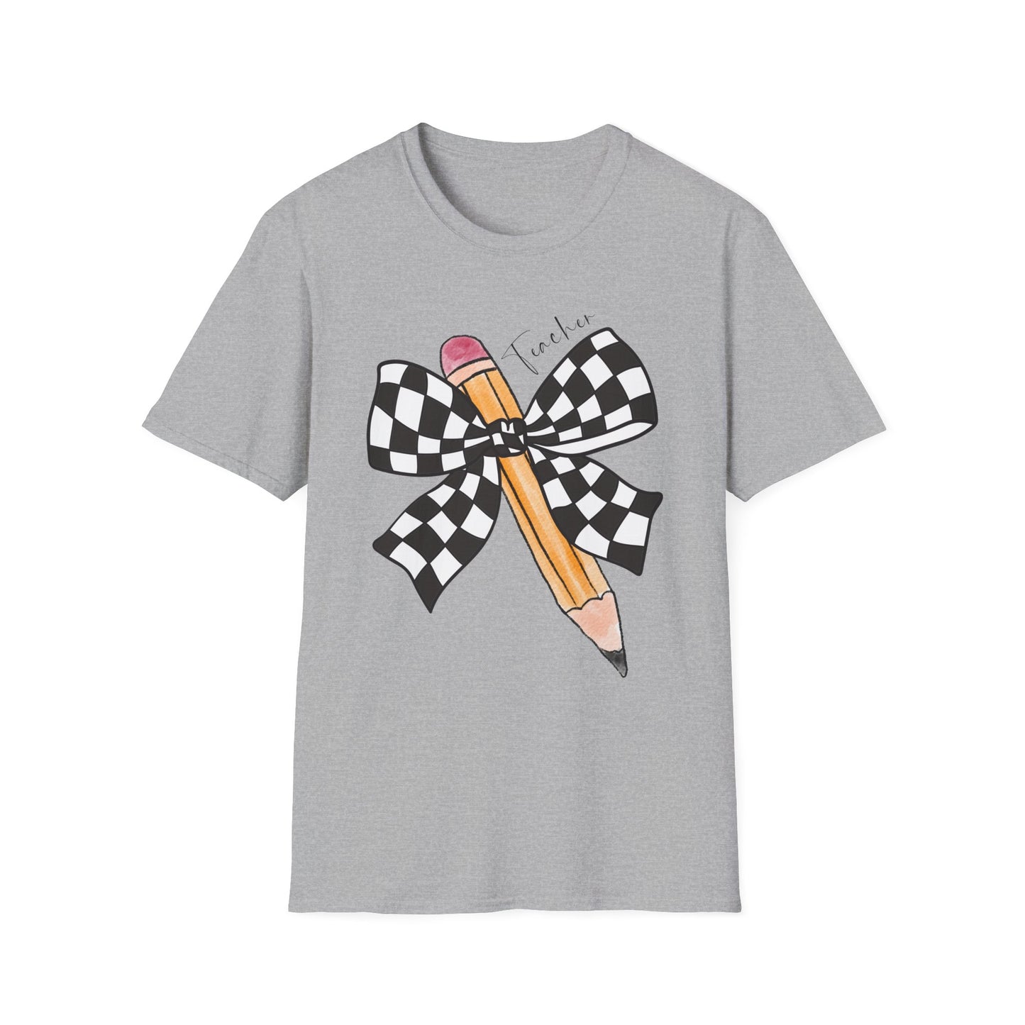Checkered Bow + Pencil- Teacher Tee- Softstyle Unisex Tee