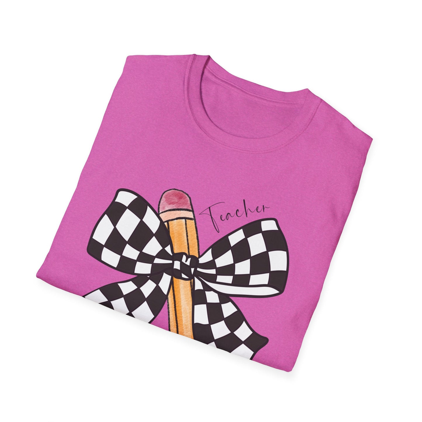 Checkered Bow + Pencil- Teacher Tee- Softstyle Unisex Tee