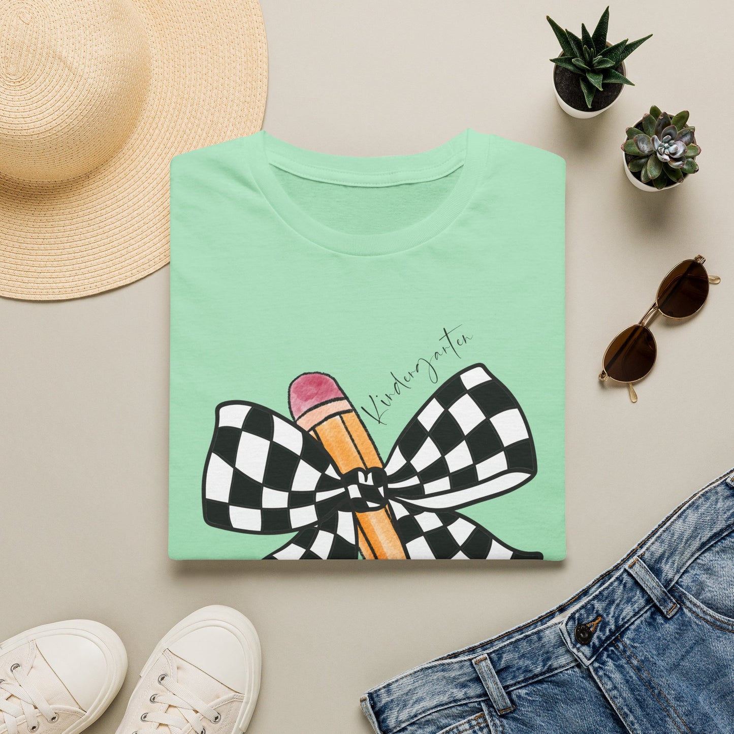 Kindergarten- Pencil & Checker Bow T‑Shirt — Teacher Collection