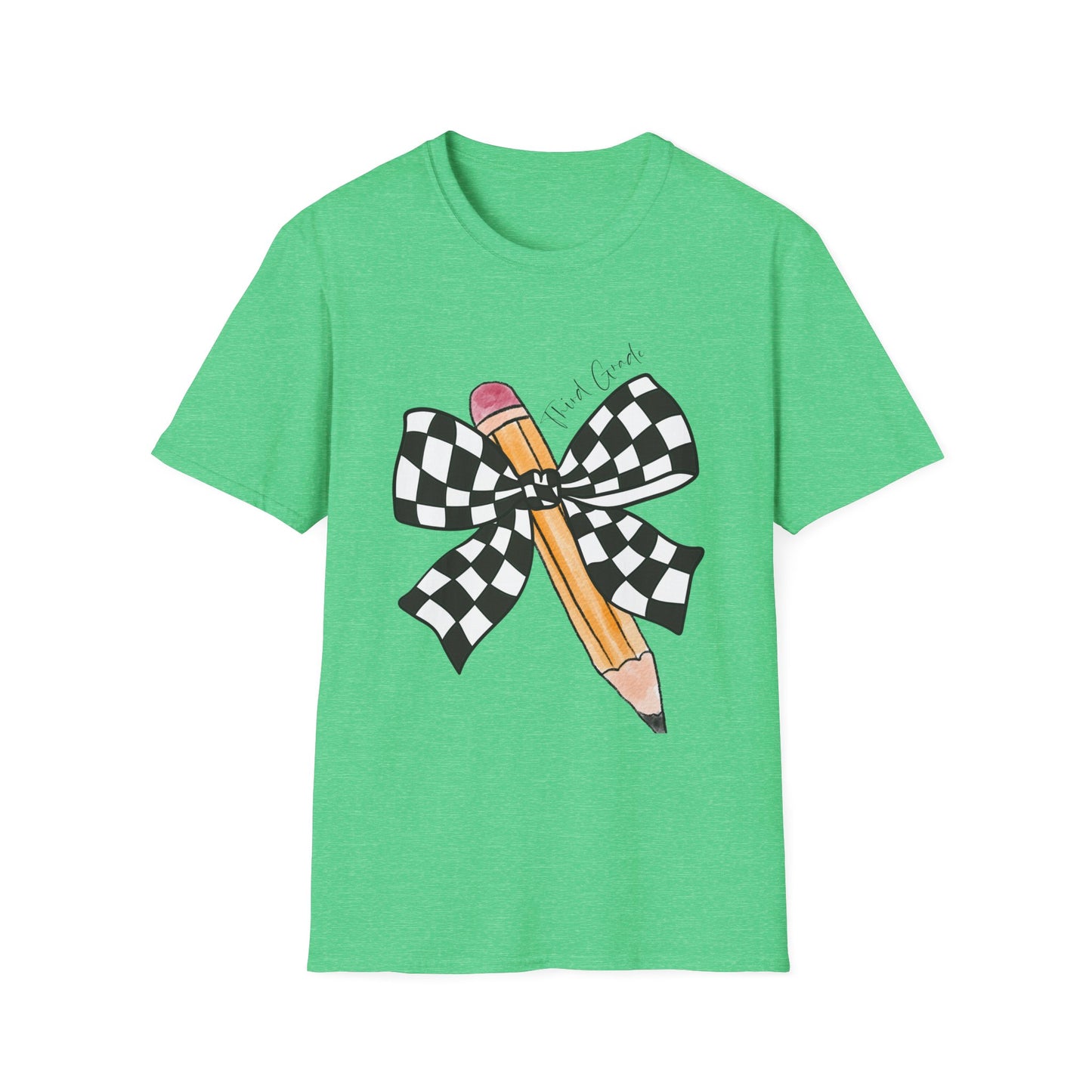 3rd Grade- Checkered Bow + Pencil- Teacher Tee- Softstyle Unisex Tee