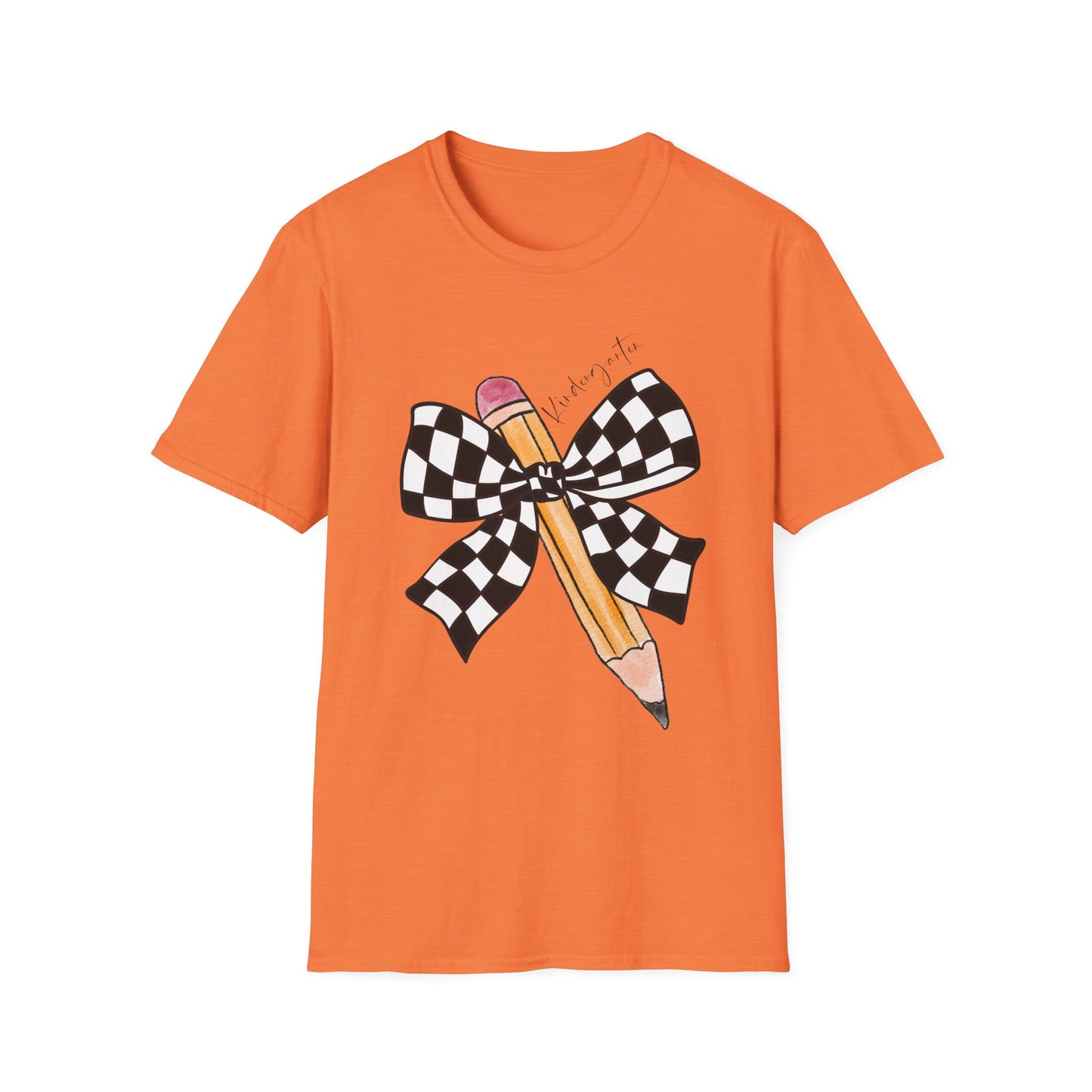 Kindergarten- Pencil & Checker Bow T‑Shirt — Teacher Collection