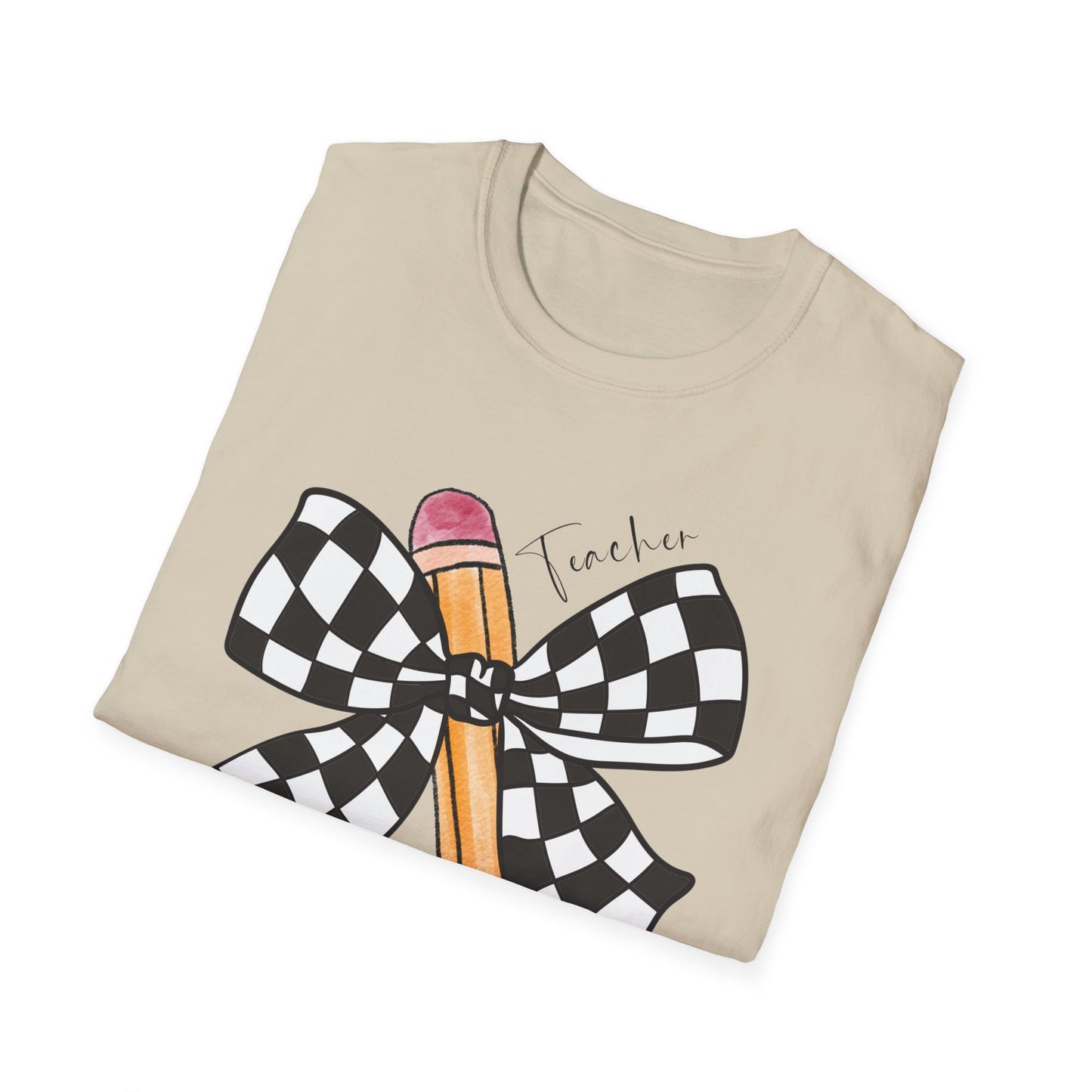 Checkered Bow + Pencil- Teacher Tee- Softstyle Unisex Tee