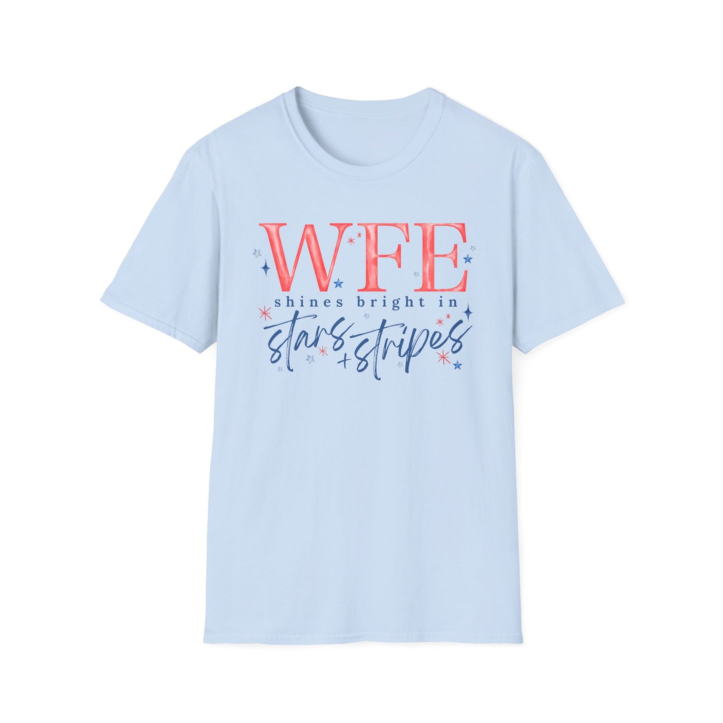 Flag Day Unisex Softstyle T-Shirt with WFE Shines Bright in Stars + Stripes Design- Holiday