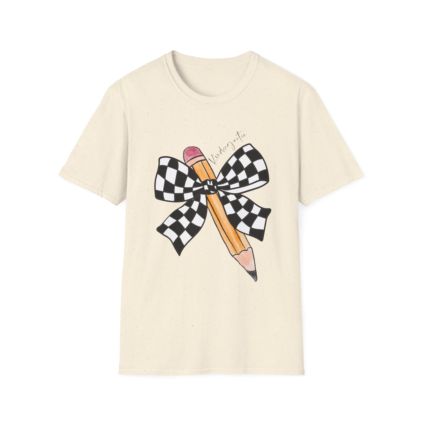 Kindergarten-Checkered Bow + Pencil- Teacher Tee- Softstyle Unisex Tee