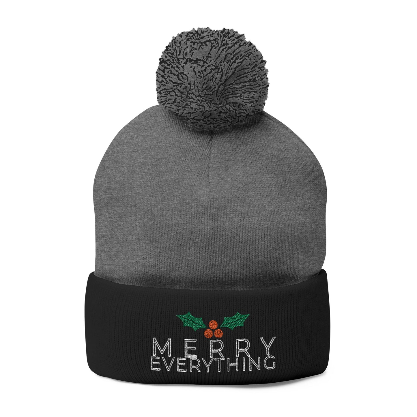Merry Everything Pom-Pom Beanie — Embroidered Christmas Knit Cap