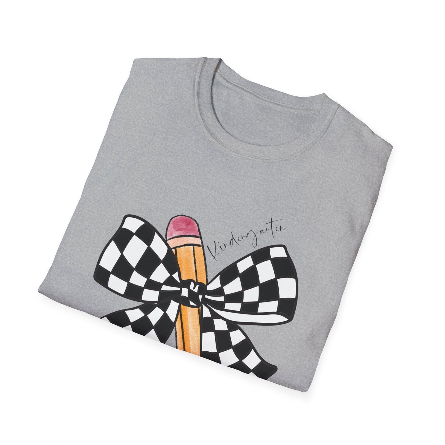 Kindergarten-Checkered Bow + Pencil- Teacher Tee- Softstyle Unisex Tee