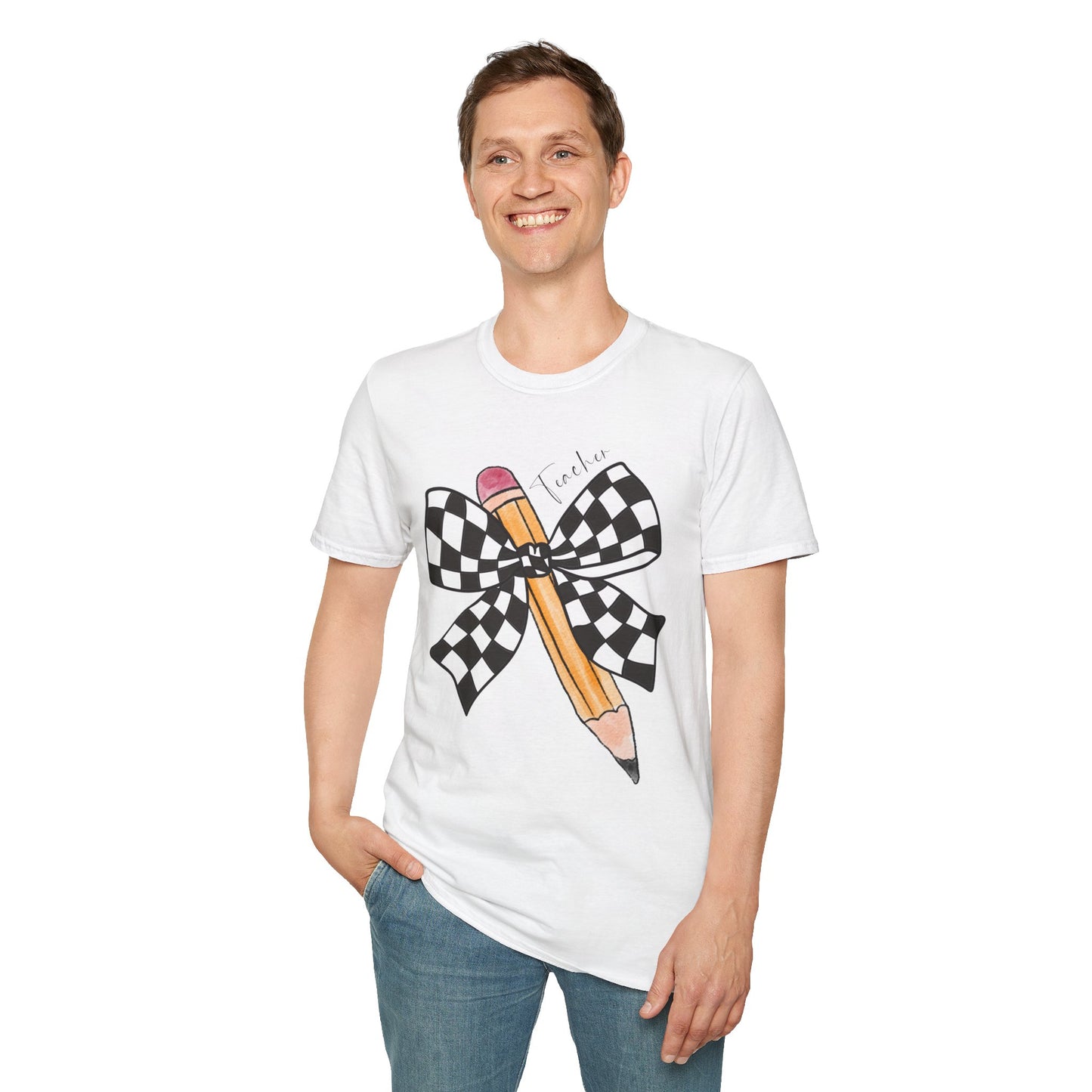 Checkered Bow + Pencil- Teacher Tee- Softstyle Unisex Tee