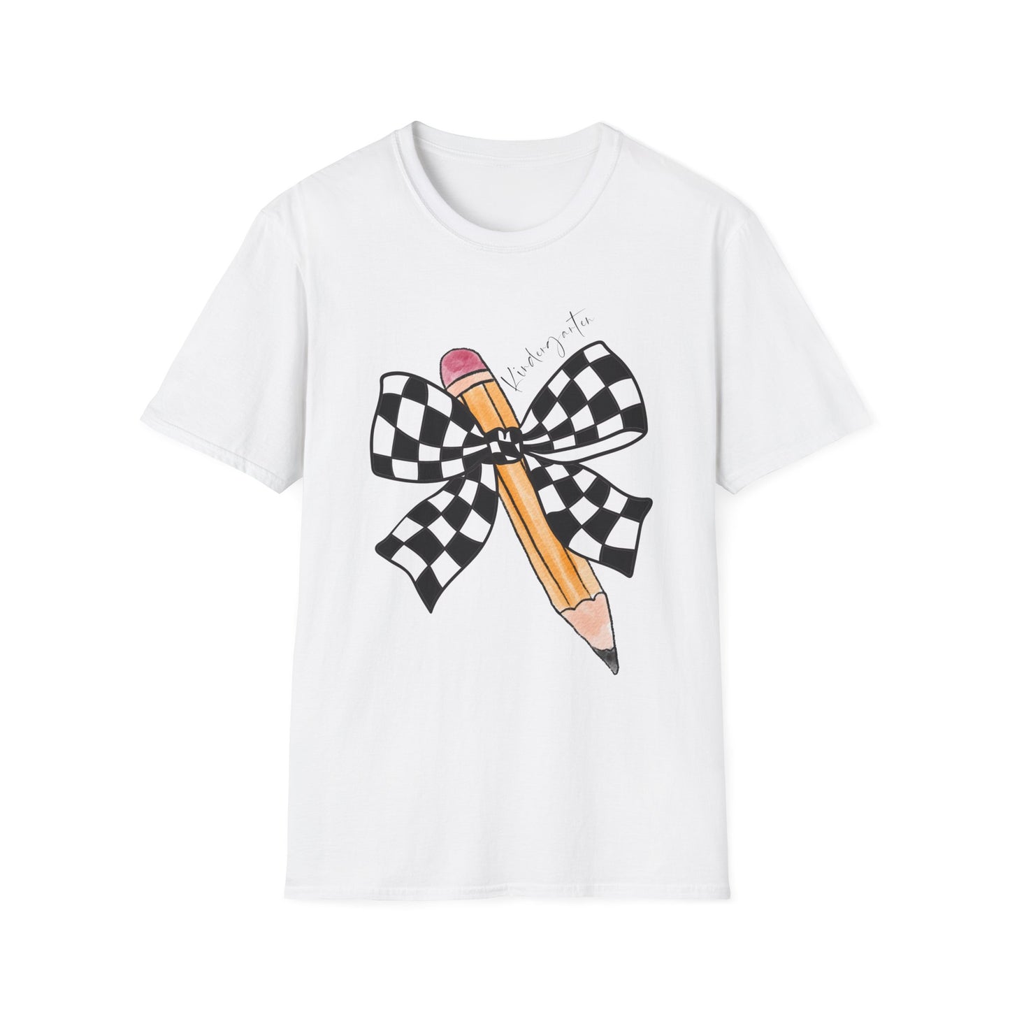 Kindergarten- Pencil & Checker Bow T‑Shirt — Teacher Collection