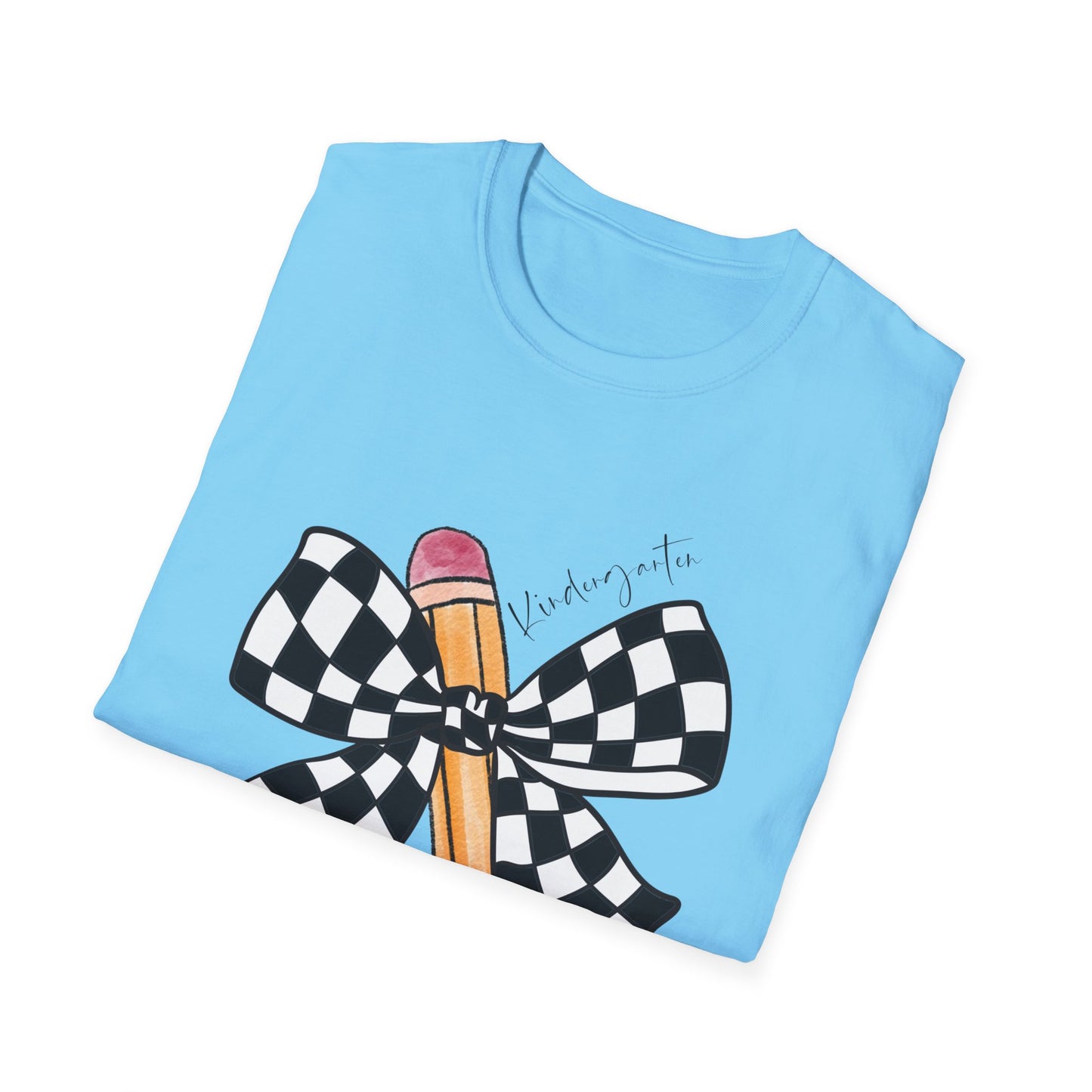 Kindergarten-Checkered Bow + Pencil- Teacher Tee- Softstyle Unisex Tee