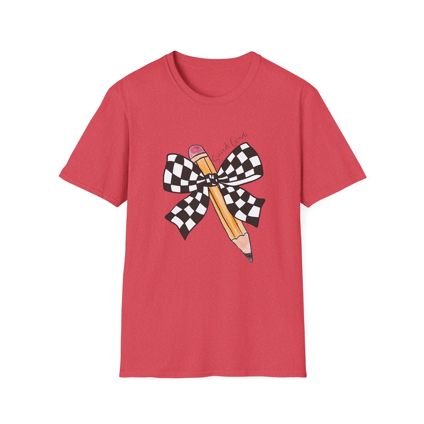 2nd Grade- Checkered Bow + Pencil- Teacher Tee- Softstyle Unisex Tee