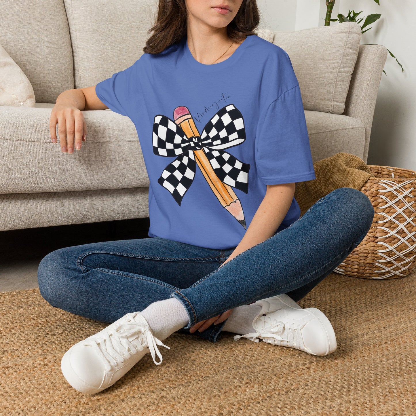 Kindergarten- Pencil & Checker Bow T‑Shirt — Teacher Collection