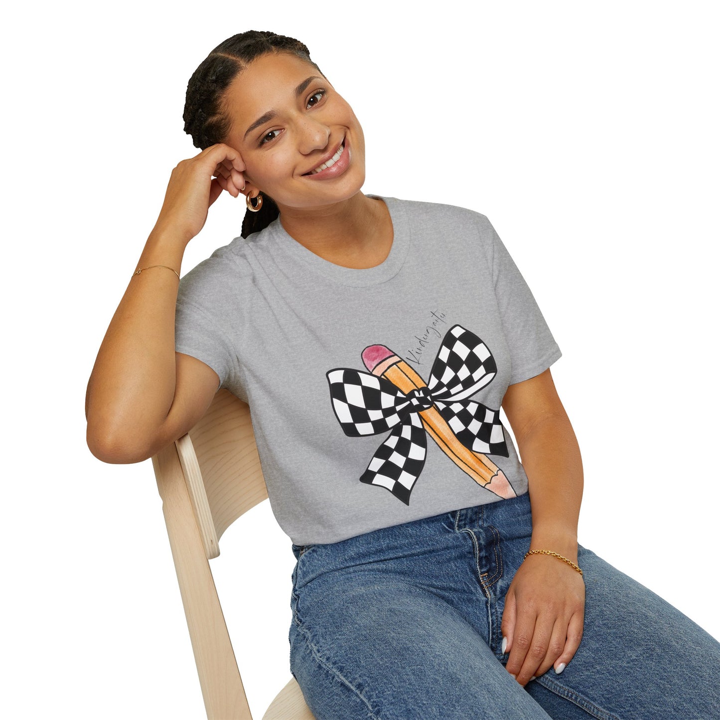 Kindergarten-Checkered Bow + Pencil- Teacher Tee- Softstyle Unisex Tee