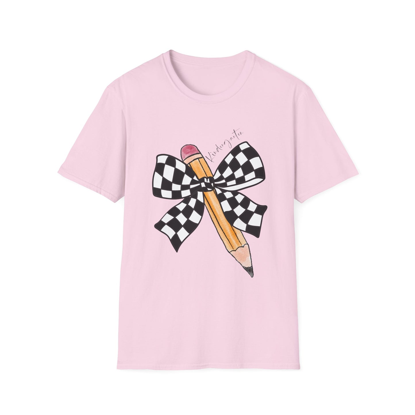 Kindergarten-Checkered Bow + Pencil- Teacher Tee- Softstyle Unisex Tee