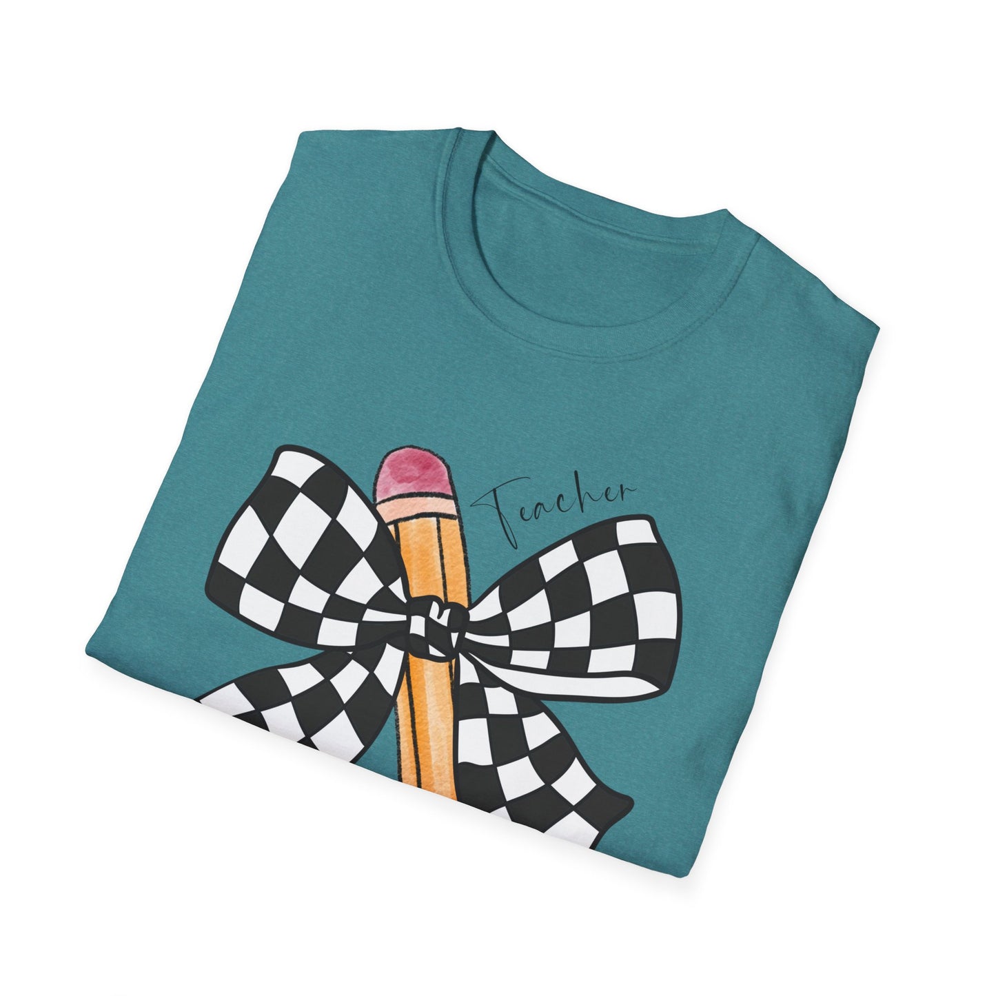 Checkered Bow + Pencil- Teacher Tee- Softstyle Unisex Tee