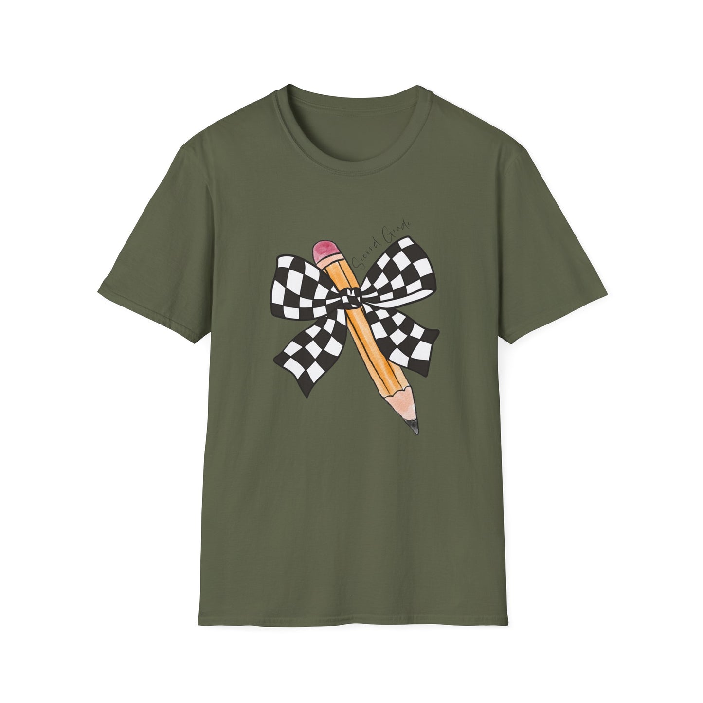 2nd Grade- Checkered Bow + Pencil- Teacher Tee- Softstyle Unisex Tee