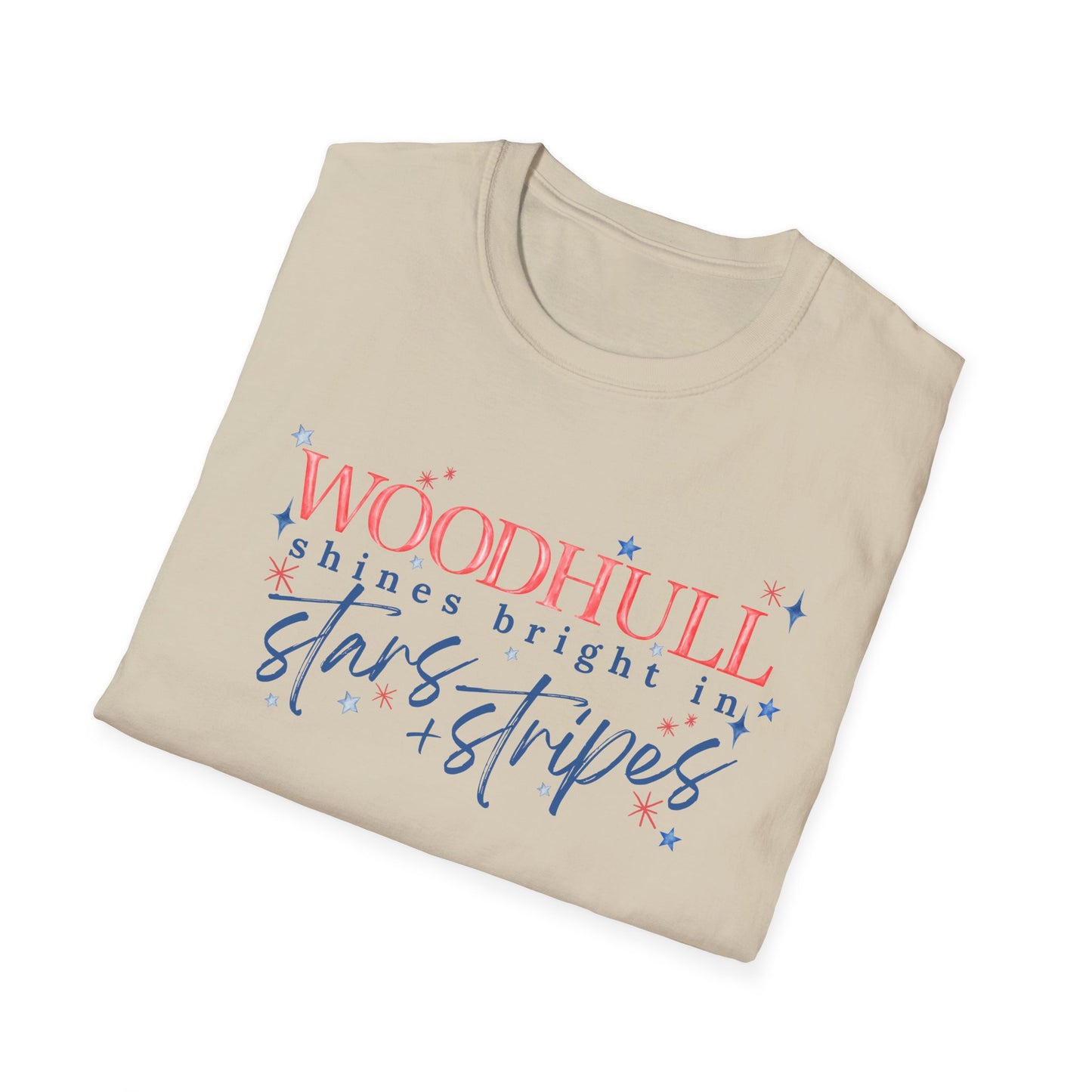 Flag Day Unisex Softstyle T-Shirt with Woodhull Shines Bright in Stars + Stripes Design- Holiday