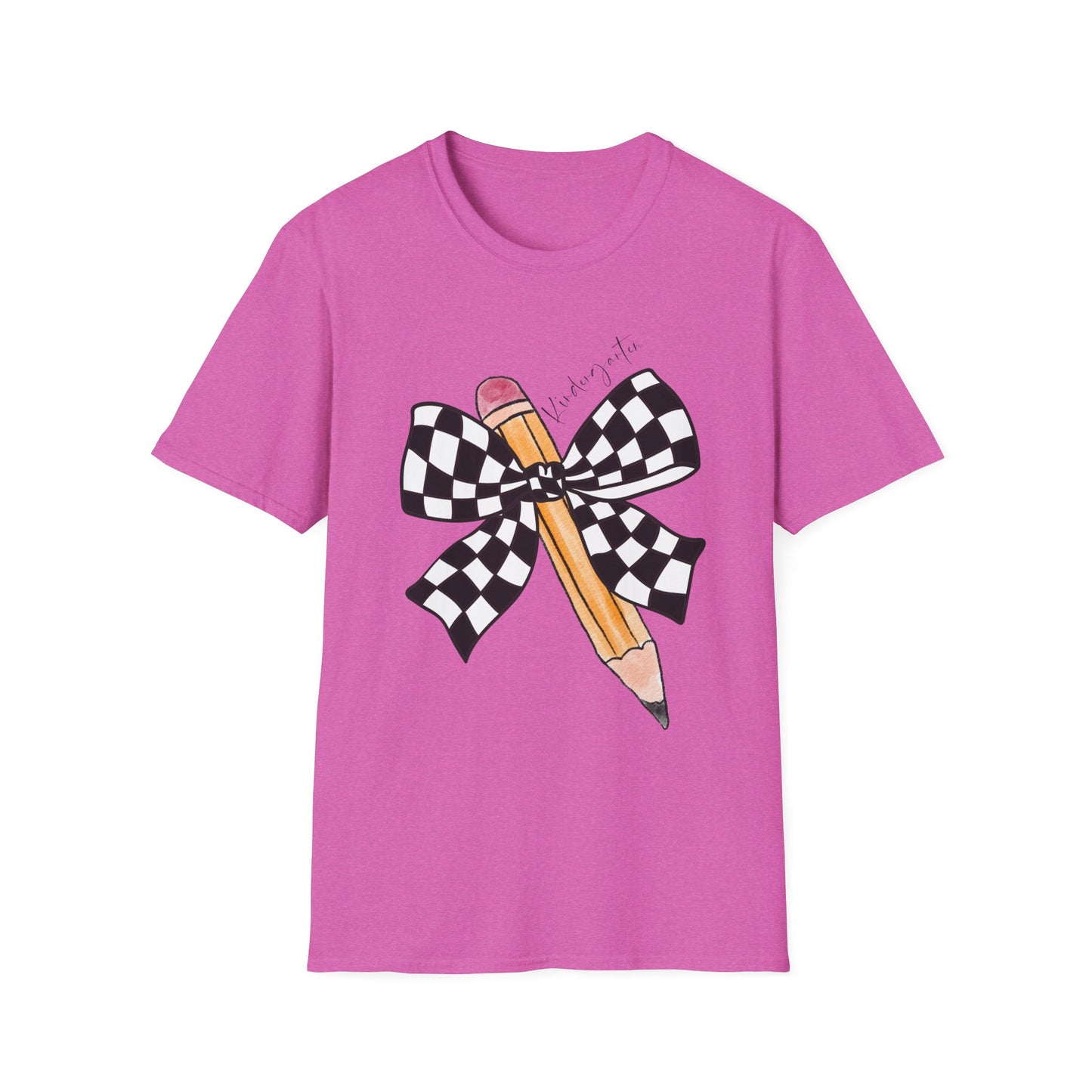 Kindergarten- Pencil & Checker Bow T‑Shirt — Teacher Collection