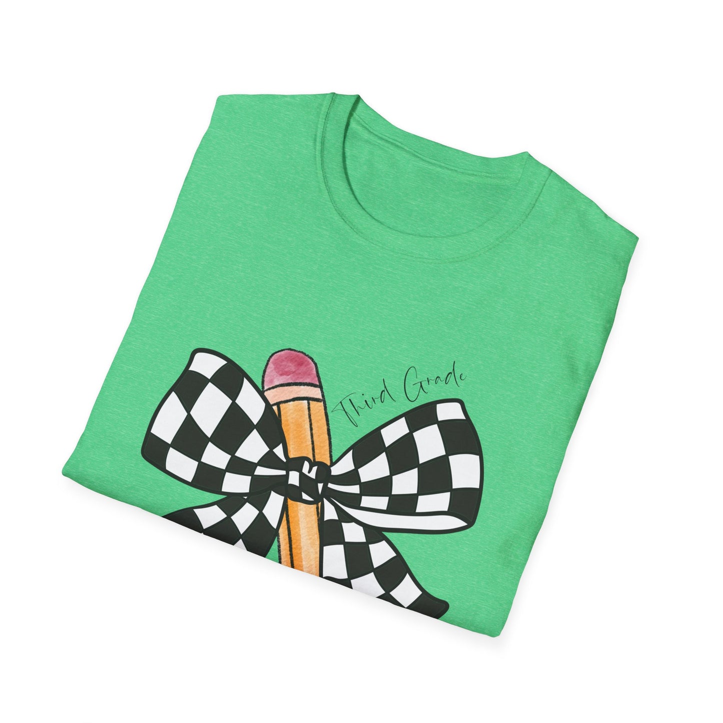 3rd Grade- Checkered Bow + Pencil- Teacher Tee- Softstyle Unisex Tee