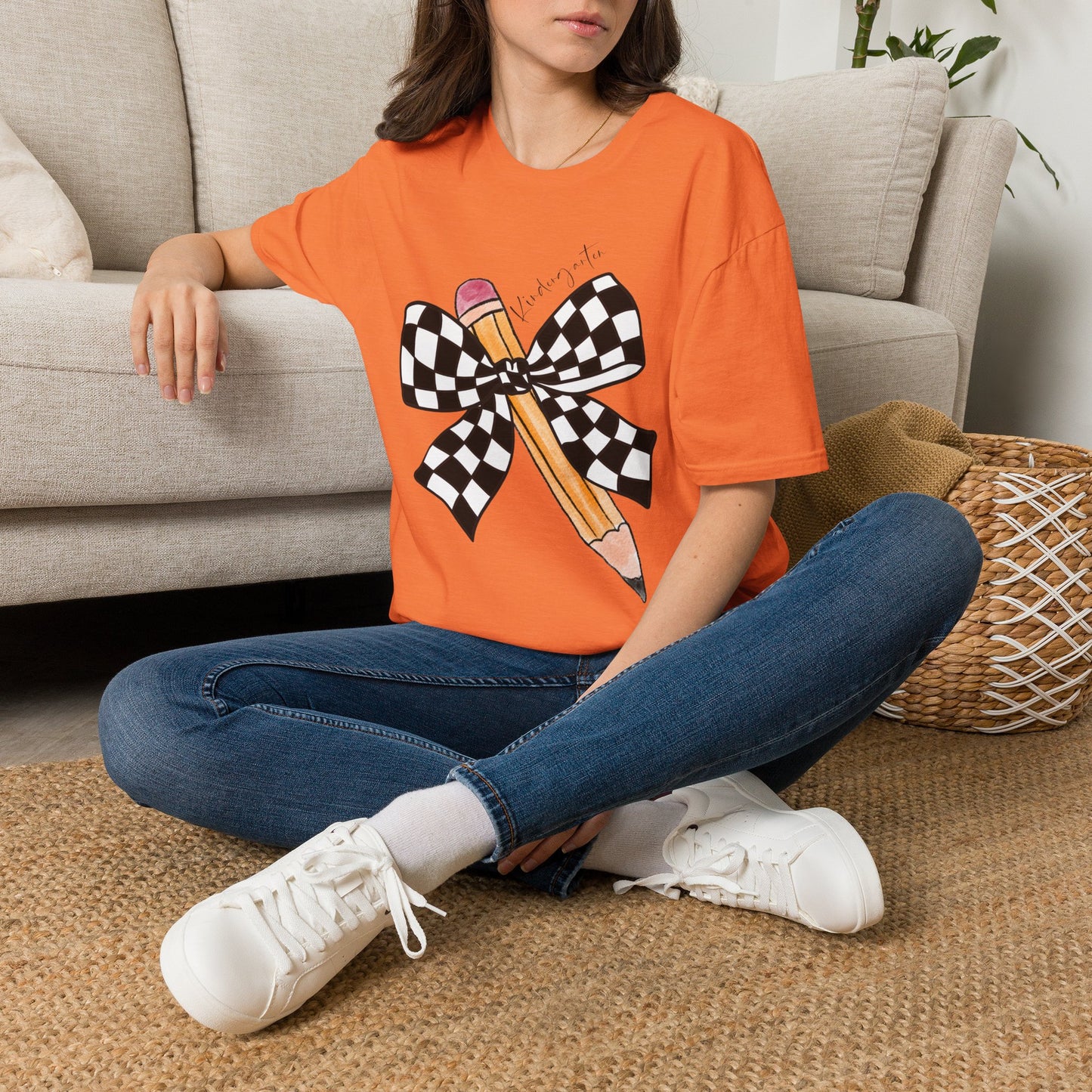 Kindergarten- Pencil & Checker Bow T‑Shirt — Teacher Collection