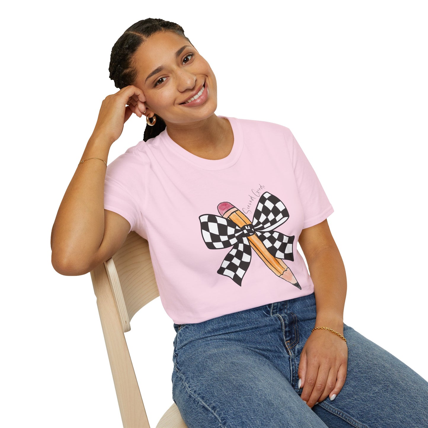 2nd Grade- Checkered Bow + Pencil- Teacher Tee- Softstyle Unisex Tee
