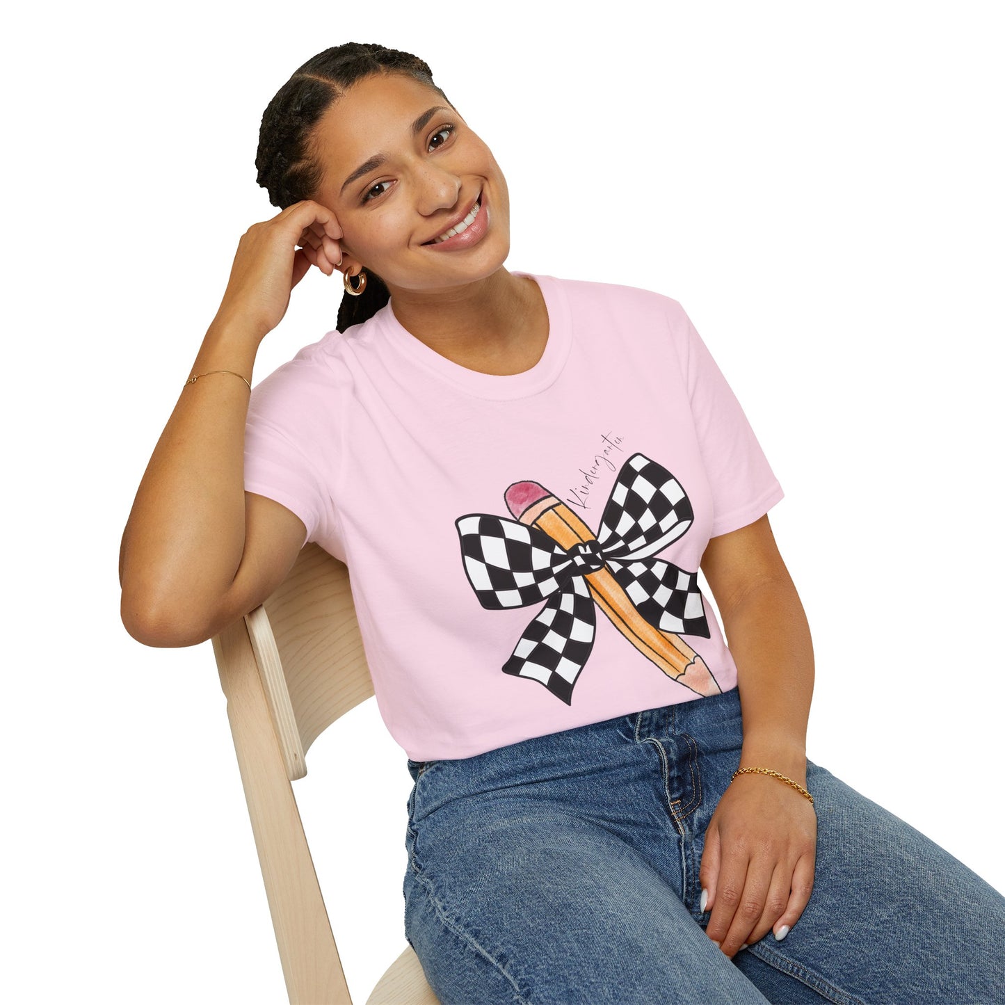 Kindergarten-Checkered Bow + Pencil- Teacher Tee- Softstyle Unisex Tee
