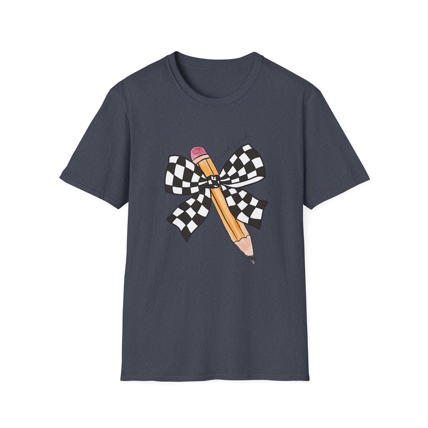 2nd Grade- Checkered Bow + Pencil- Teacher Tee- Softstyle Unisex Tee
