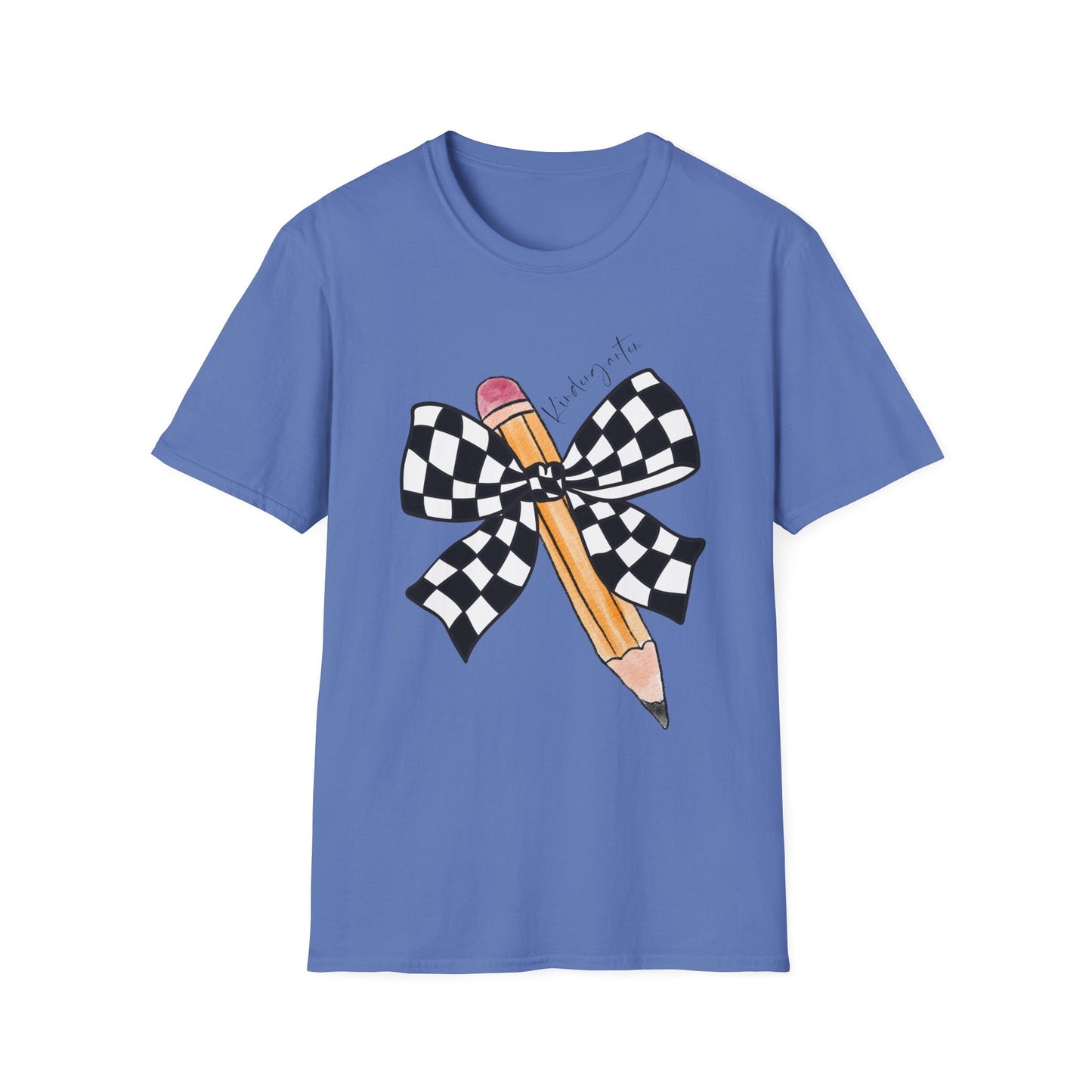 Kindergarten- Pencil & Checker Bow T‑Shirt — Teacher Collection