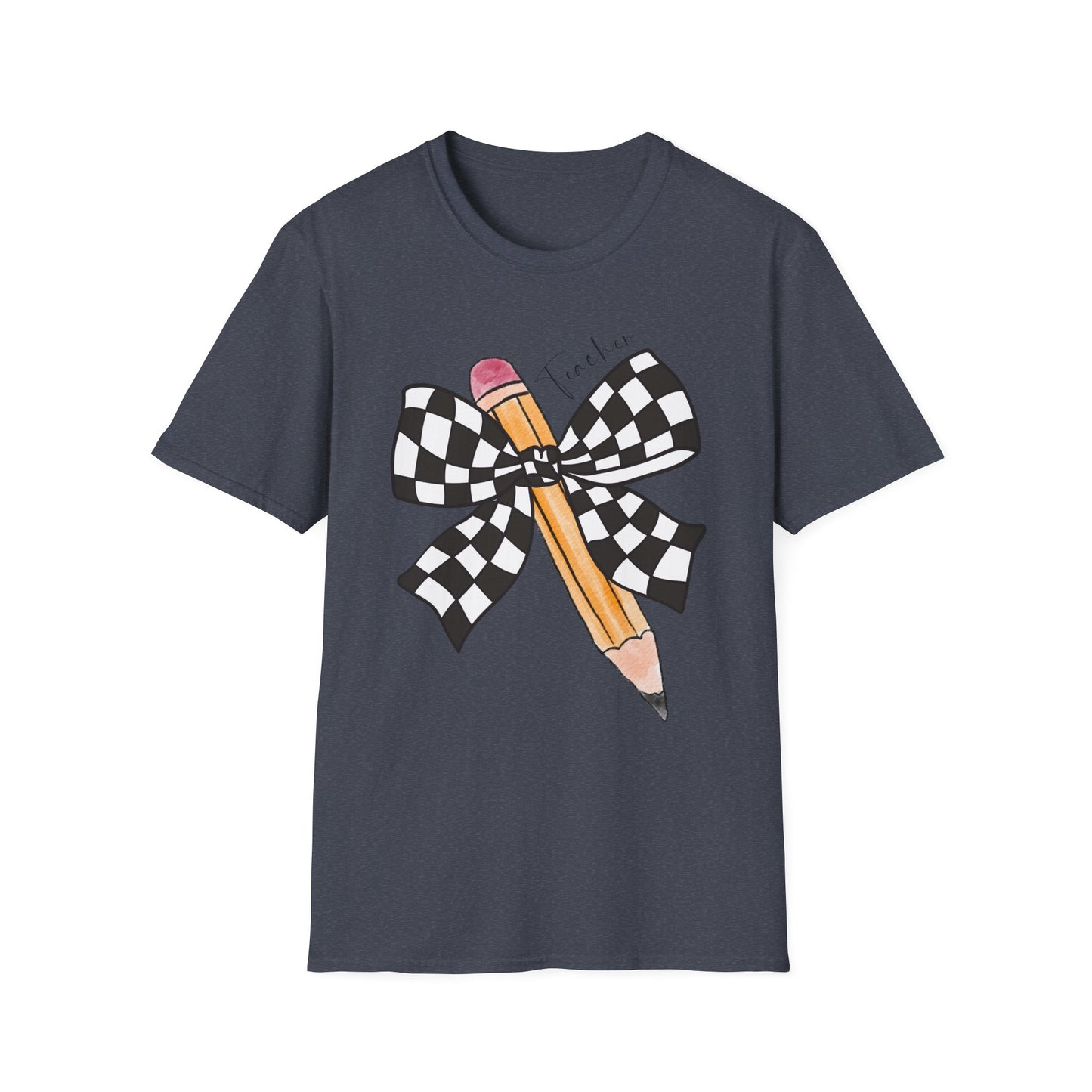 Checkered Bow + Pencil- Teacher Tee- Softstyle Unisex Tee